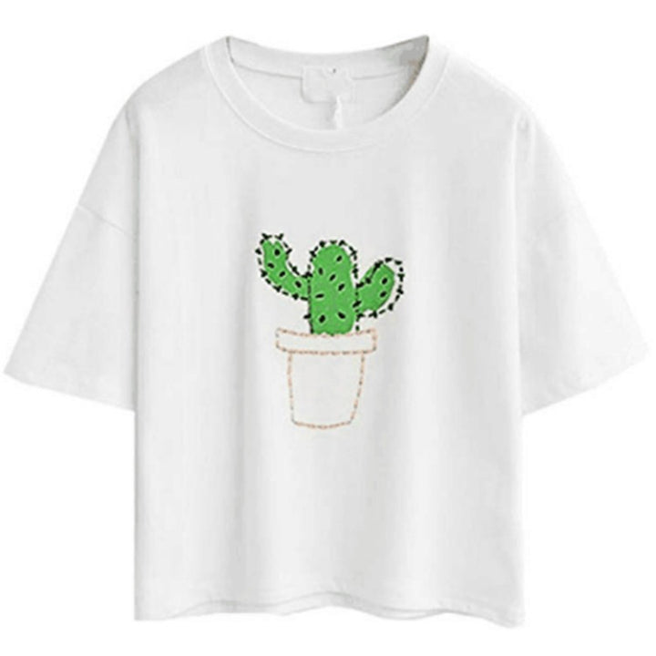 Women's casual T-shirt with cute cat and plant design Lune London