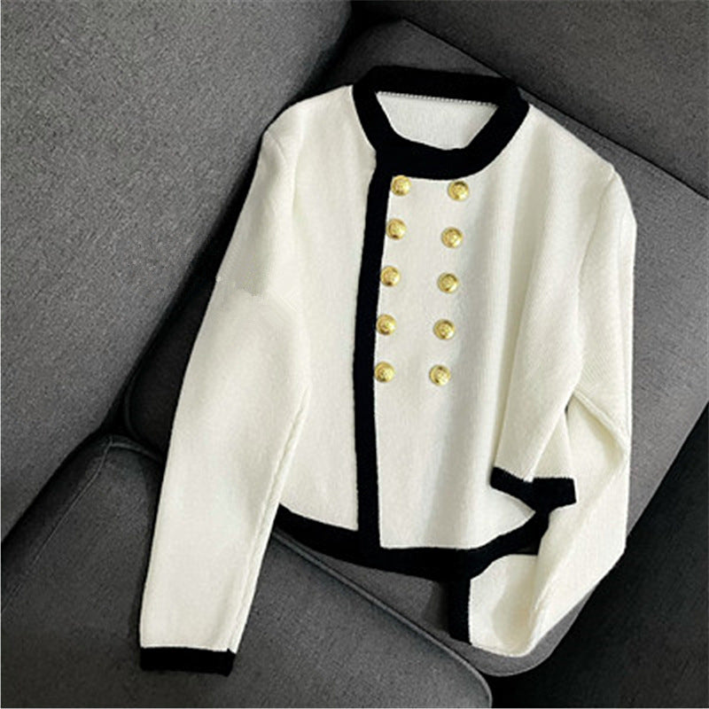 Elegant ladies cardigan with gold button details and contrasting finishes Lune London