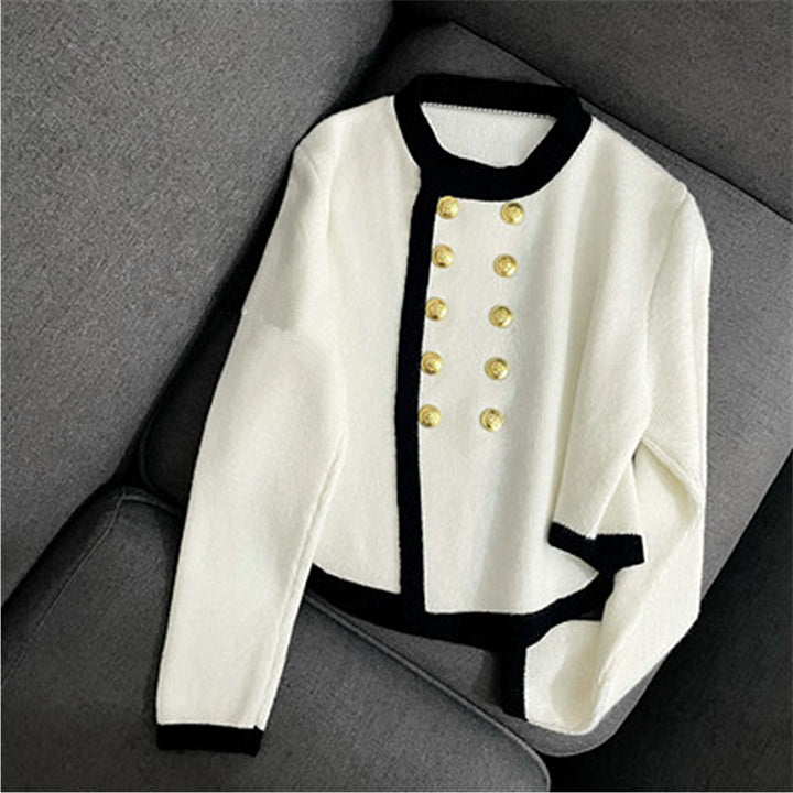 Elegant ladies cardigan with gold button details and contrasting finishes Lune London