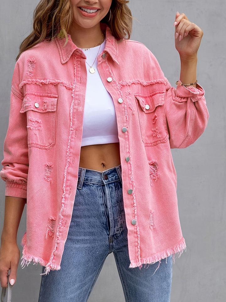 Ladies stylish overshirt jacket with fringed hem Lune London
