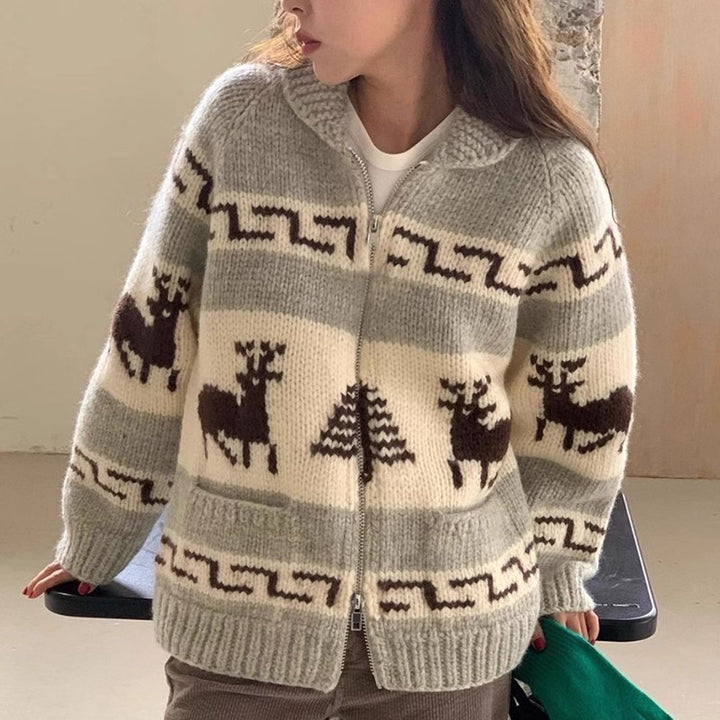 Ladies Comfortable Ribbed Zip Sweater with Festive Pattern Lune London