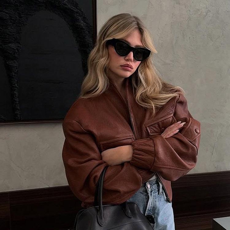Casual leather jacket for women with voluminous sleeves Lune London
