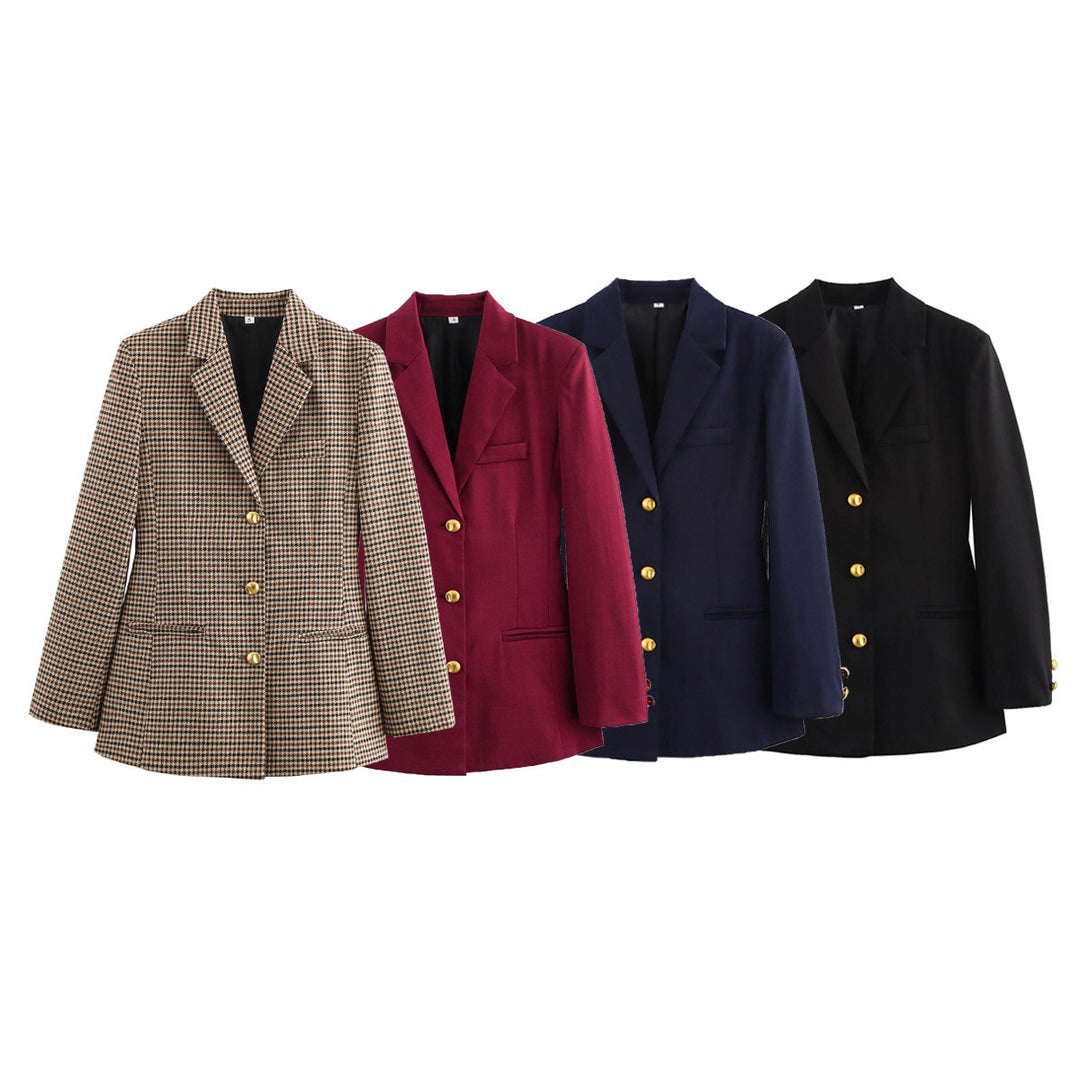 Elegant checked blazer jacket for women with gold buttons Lune London