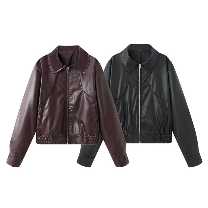 Biker jacket in faux leather for women with elastic waist and simple pockets Lune London