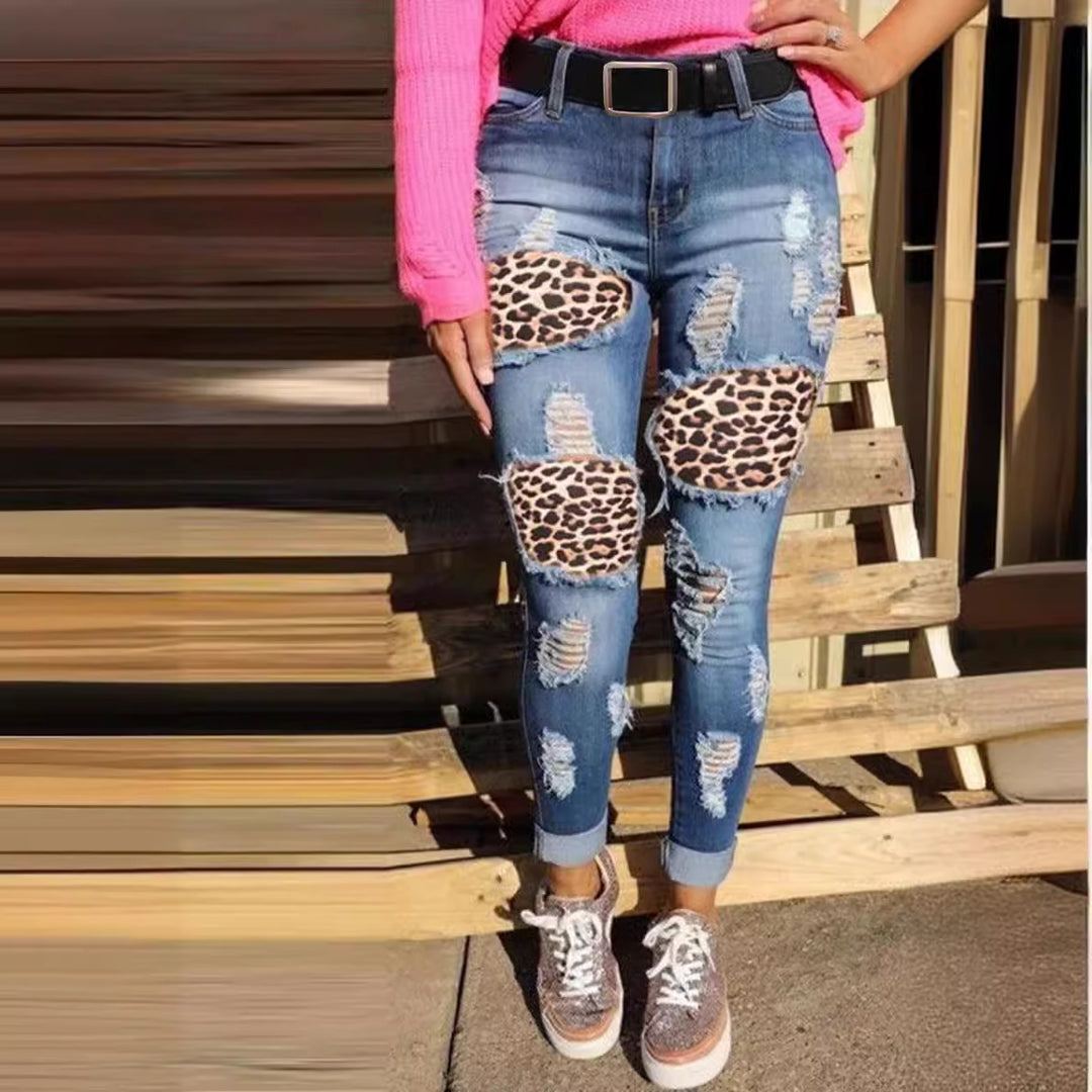 Ladies skinny jeans with leopard patch and vintage effects Lune London