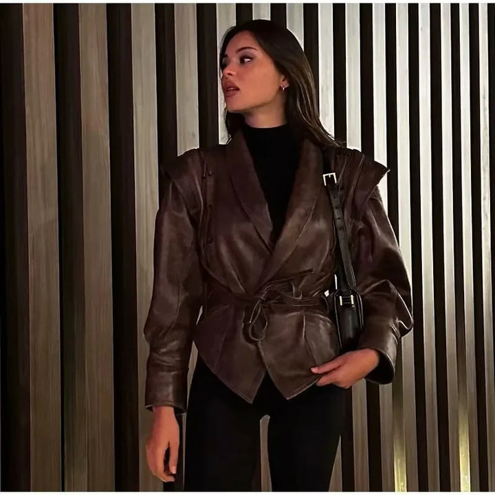 Fashion faux leather jacket for women with a stylish belt detail and a chic design Lune London