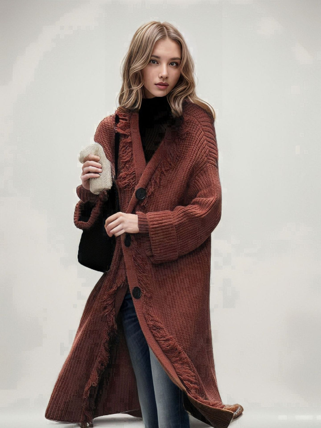 Ladies chunky knit cardigan with fringes Lune London