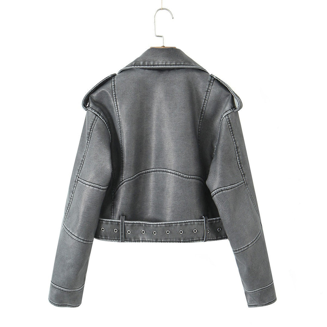Faux leather biker jacket for women with belt Lune London