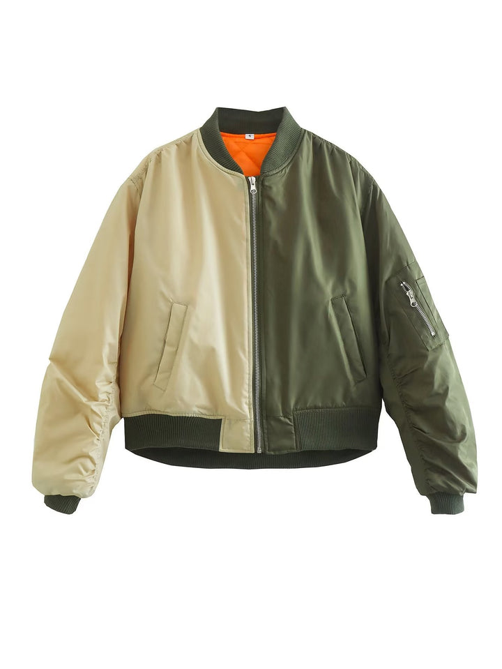 Trendy women's bomber jacket with a playful patchwork design and practical zip pockets Lune London