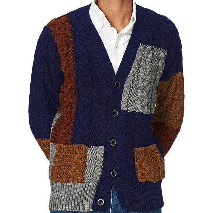 Men's chunky knit cardigan with colored accents and practical pockets Lune London