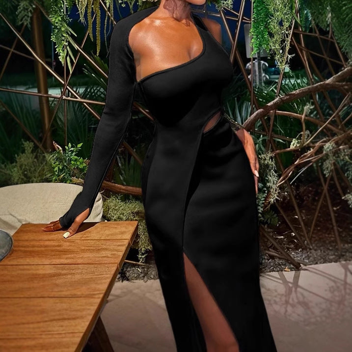 Ladies Elegant wrap dress with asymmetrical neckline and high slit Lune London