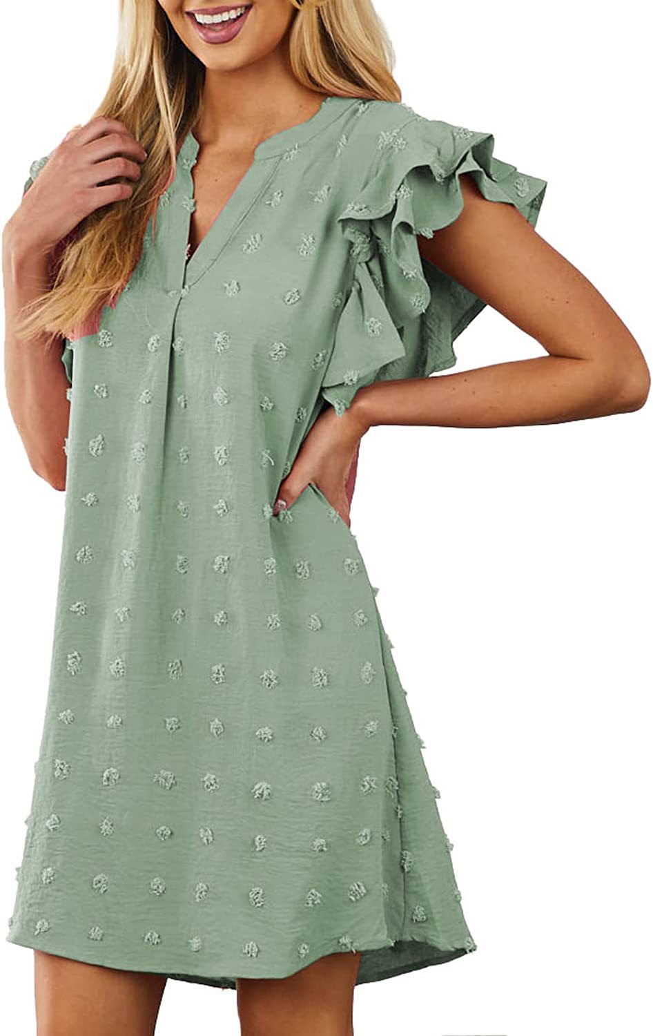 Chic and Stylish Women’s V Neck Shift Dress with Ruffle Sleeves