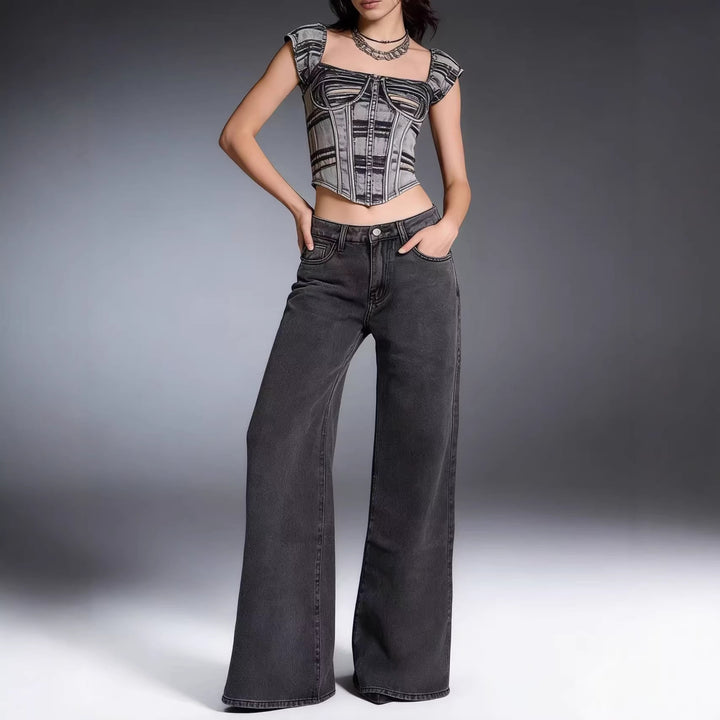 Women wide denim pants with vintage wash and high-waisted waistband Lune London