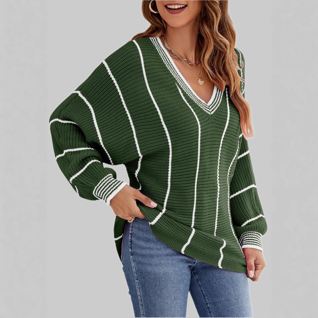 Casual knitted sweater for women with V-neck and wide stripes Lune London