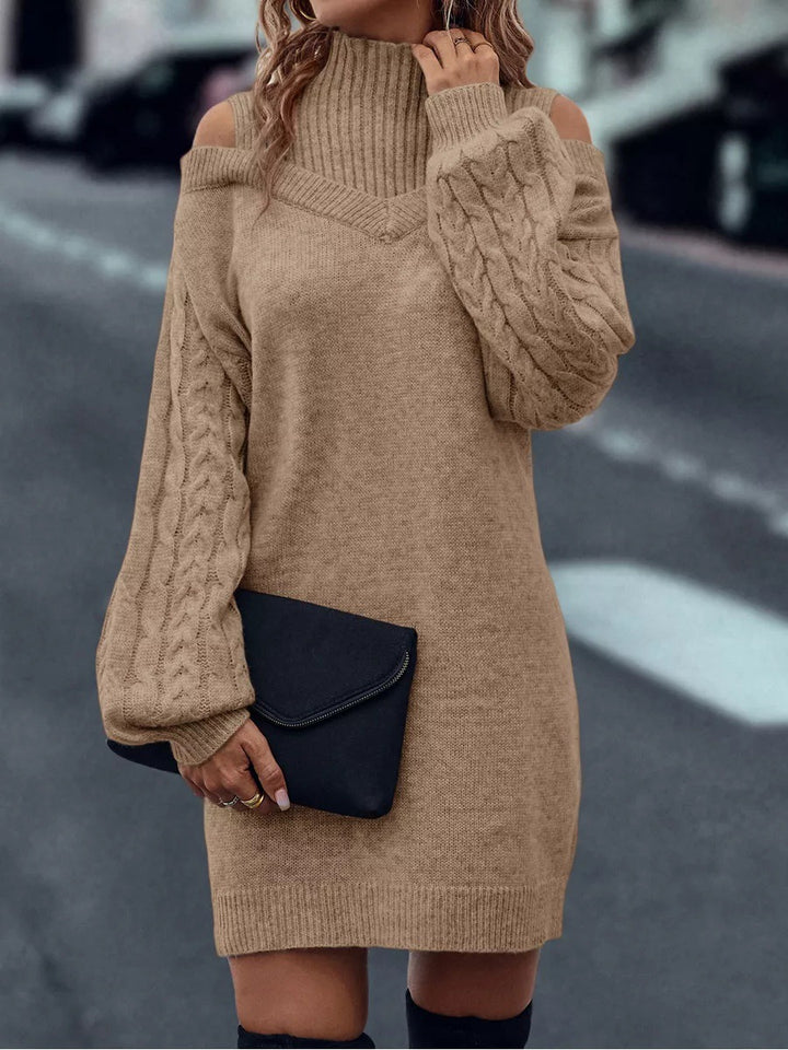 Knit dress for women with off-the-shoulder design and structured high collar Lune London