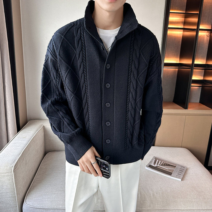 Chunky knit sweater for men with modern high collar and button placket Lune London