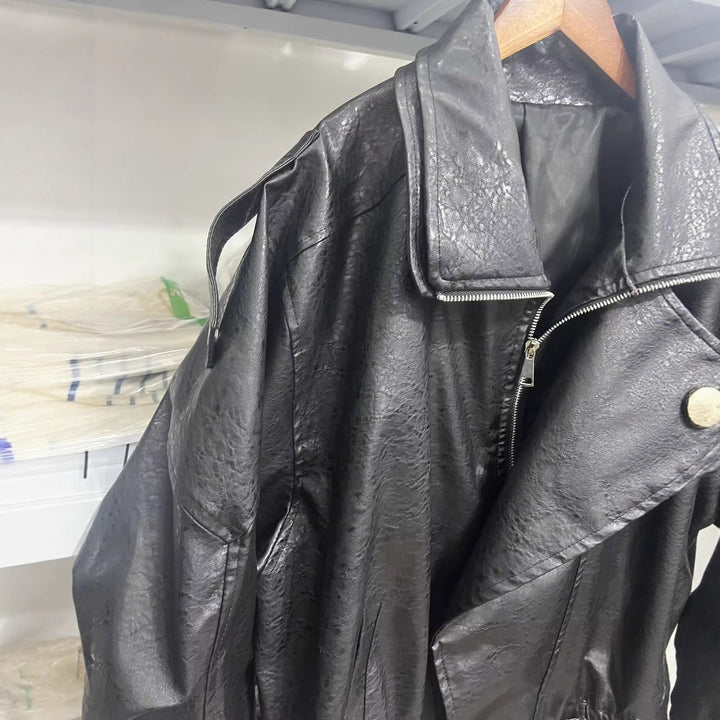 Lune London Women's Fashion Synthetic Leather Jacket with Asymmetrical Cut and Decorative Belt