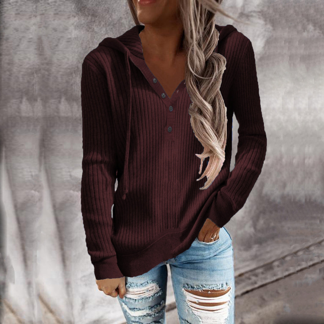 Fashionable ribbed design women's hoodie with button placket Lune London