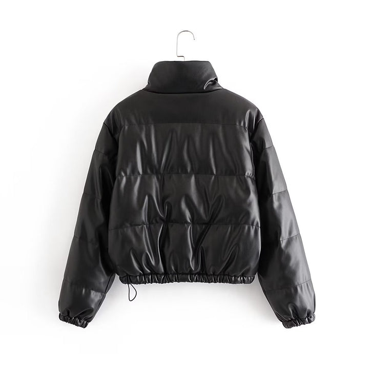 Quilted faux leather jacket for women with a high collar and elastic cuffs Lune London
