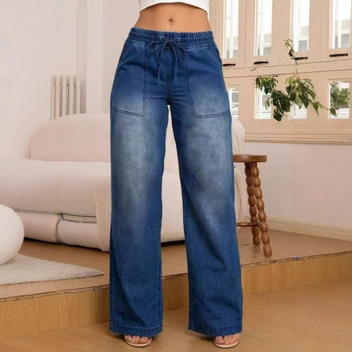 Wide denim pants for women with an elastic waistband and side pockets Lune London