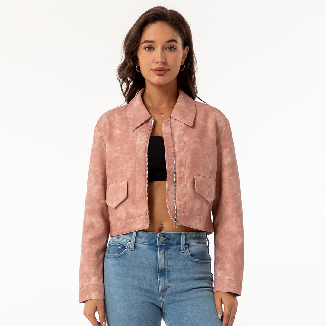 Trendy cropped synthetic leather jacket for women with classic wave collar Lune London
