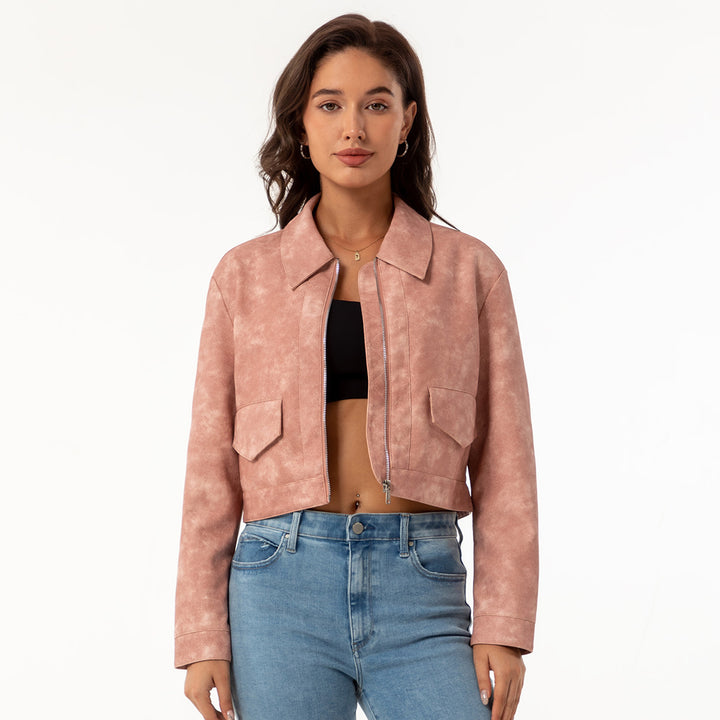 Trendy cropped synthetic leather jacket for women with classic wave collar Lune London