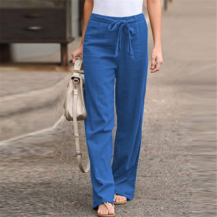 Linen pants for women with elastic waistband and tie belt Lune London