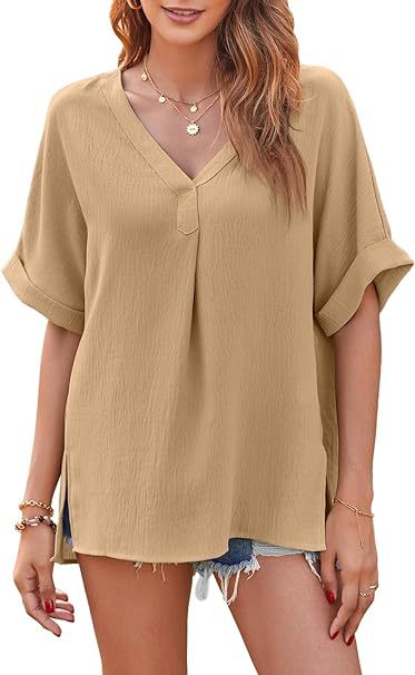 Ladies Light V-neck Top with Roll-up Sleeves Lune London