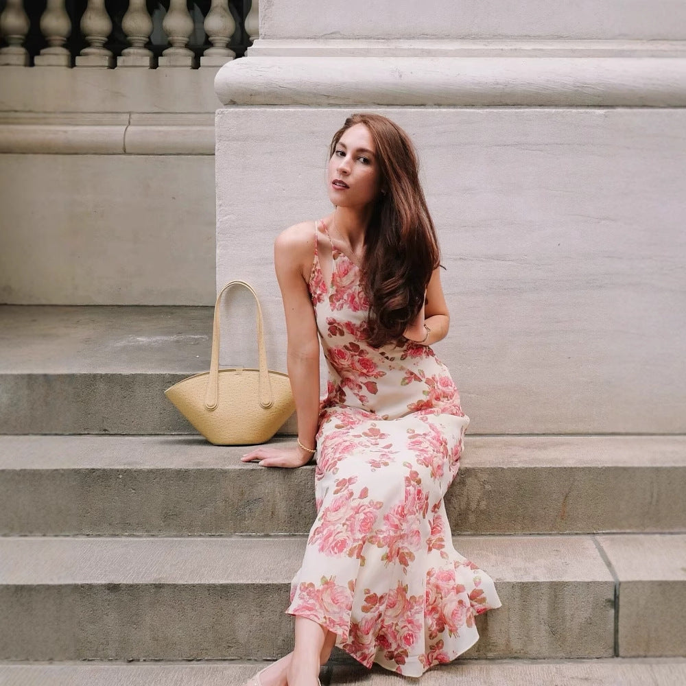 Maxi dress for women with asymmetric cut and floral pattern Lune London