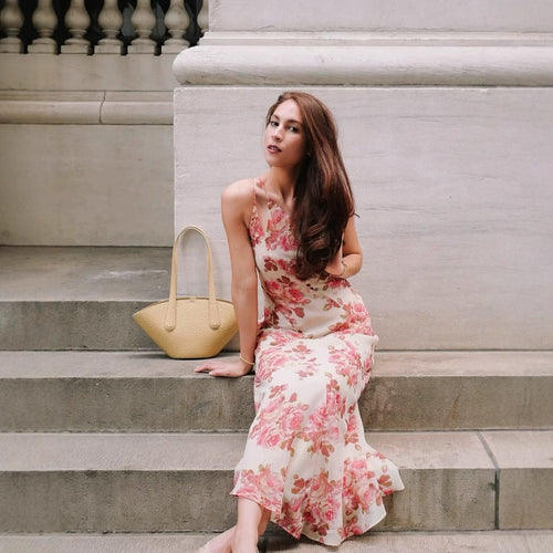 Maxi dress for women with asymmetric cut and floral pattern Lune London
