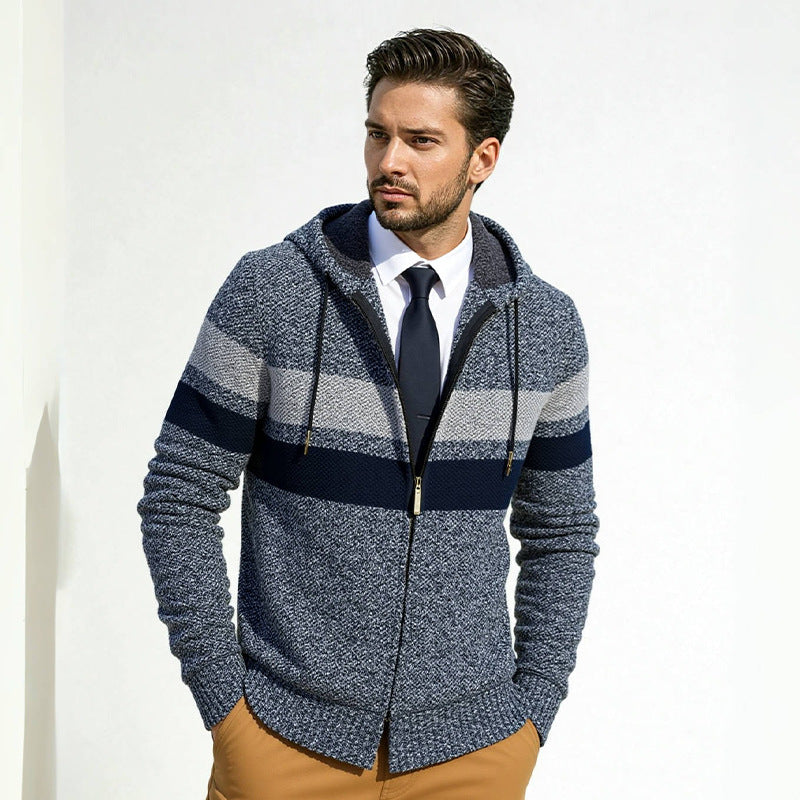 Men's trendy knit hoodie with contrasting decorative stripes and practical pockets Lune London