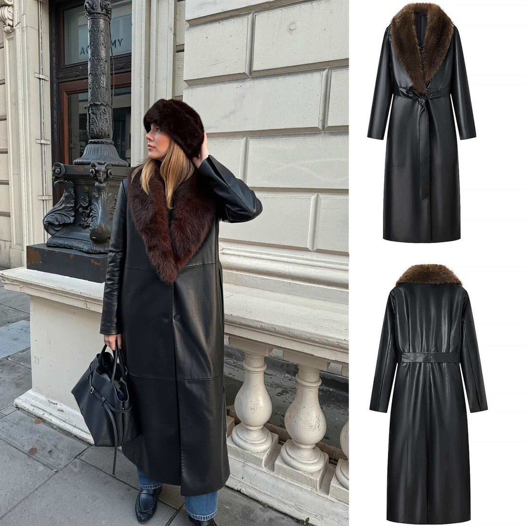 Manteau élégant pour femme en cuir synthétique avec col en fausse fourrure amovible Chic & Stil
