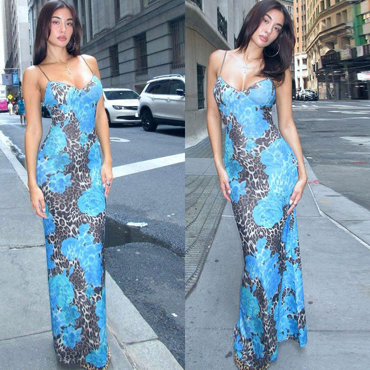 Maxi dress with spaghetti straps for women with floral and animal print Lune London