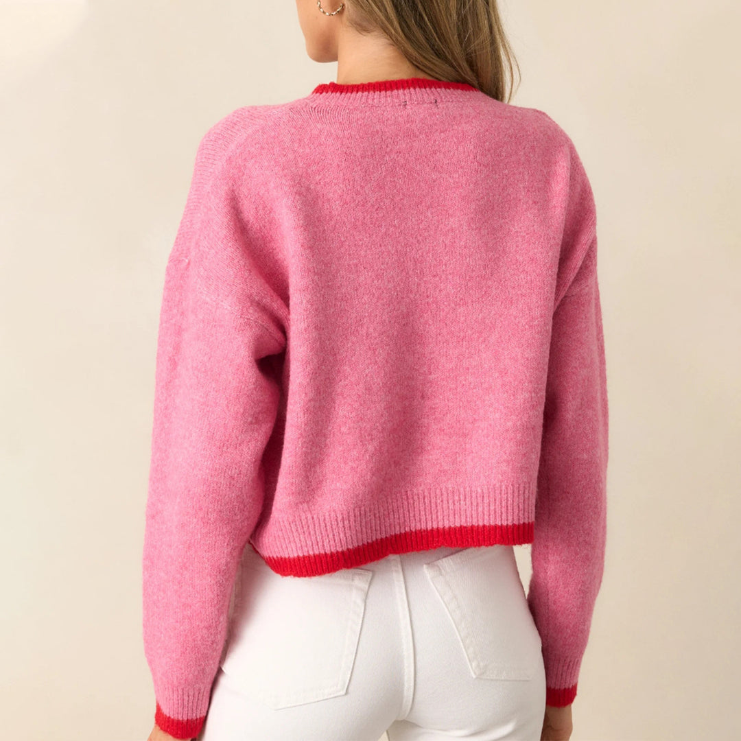 Trendy sweater for women with strawberry pattern and contrasting cuffs Lune London