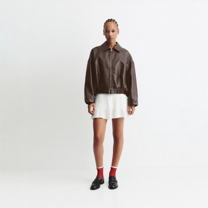 Fashion faux leather jacket for women with a loose fit and a waist belt Lune London