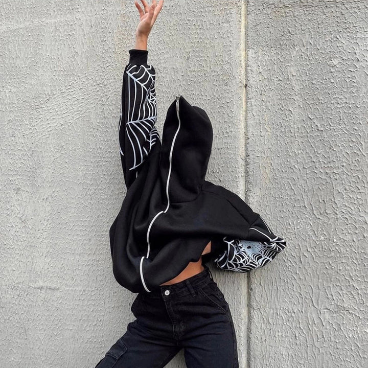 Hooded sweater for women with a unique spider web pattern and a generous cut Lune London