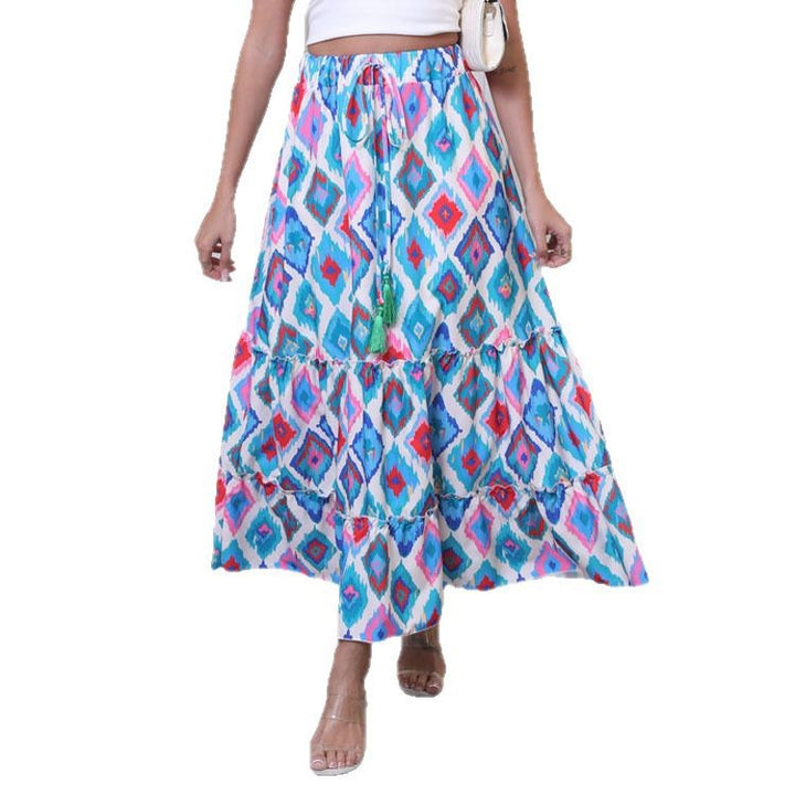 Long maxi skirt for ladies with a cheerful tiered design and elastic waistband Lune London
