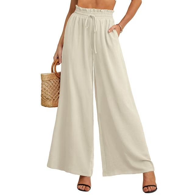 Women Summer Loose and Airy Pants with Elastic Waistband and Ties Lune London
