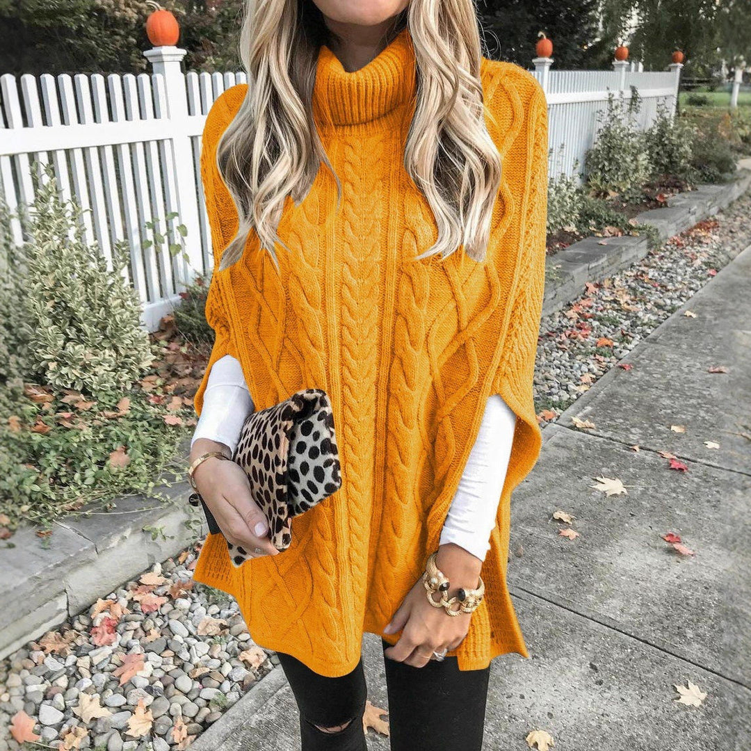 Poncho sweater for women with high neck and classic cable pattern Lune London