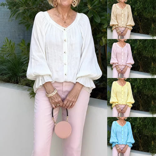 Women Elegant Blouse Shirt with Ruffled Sleeves and Button Placket Lune London
