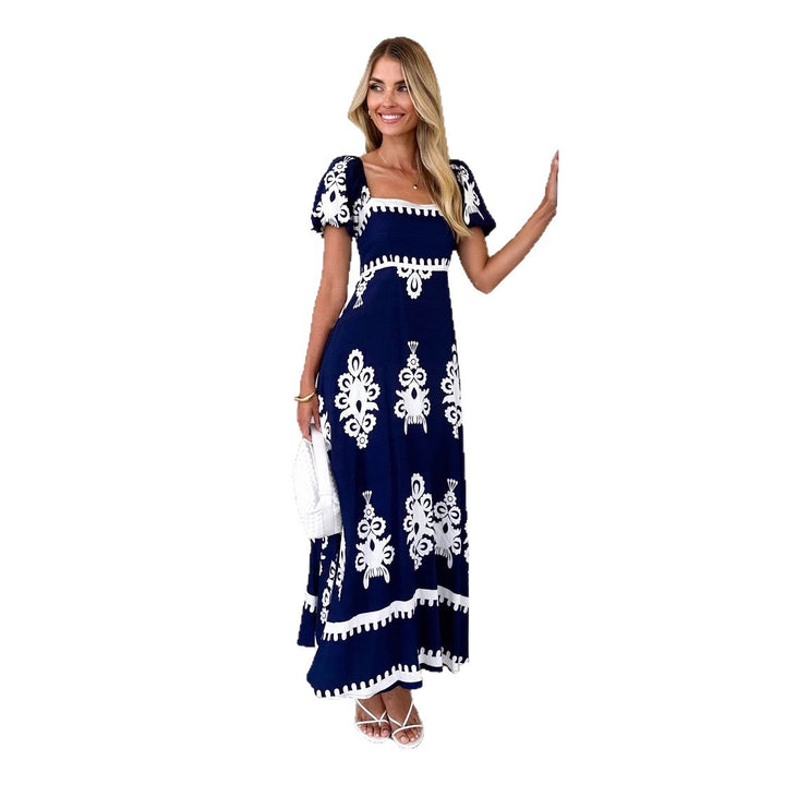 Maxi dress for women with decorative graphic pattern and puff sleeves Chic & Stil