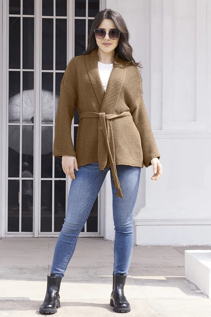 Women's Comfortable Knitted Cardigan with Belt at the Waist and Loose Fit Chic and Still