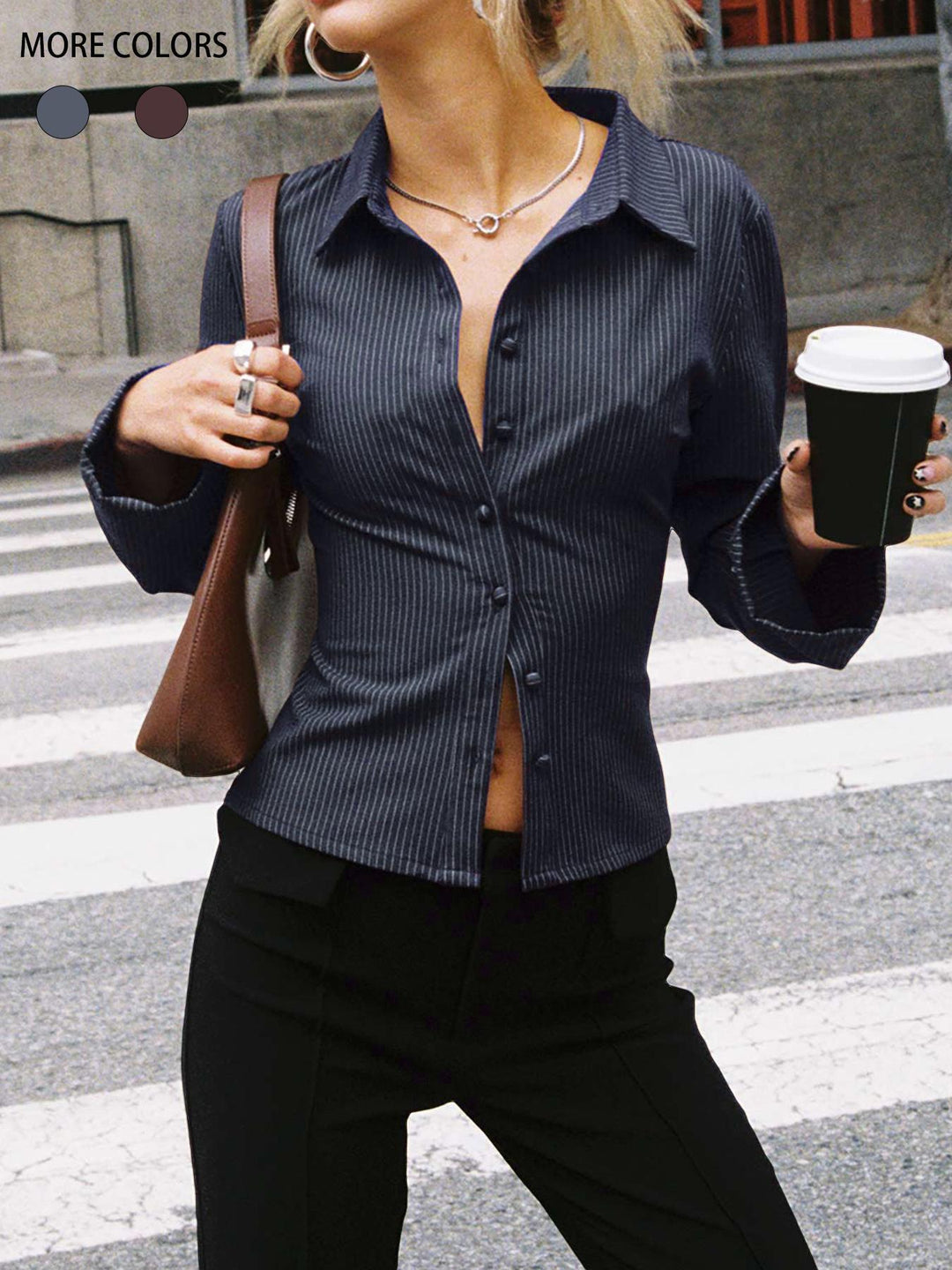 Fitted striped blouse for ladies with classic collar Lune London