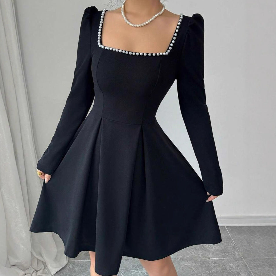 Ladies Elegant Mini Dress with narrow square neckline and fine ruffle trim Lune London