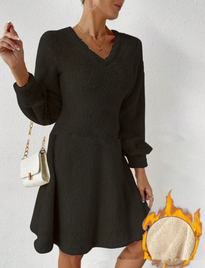 V-neck plush dress for women with long sleeves and flared hem Lune London