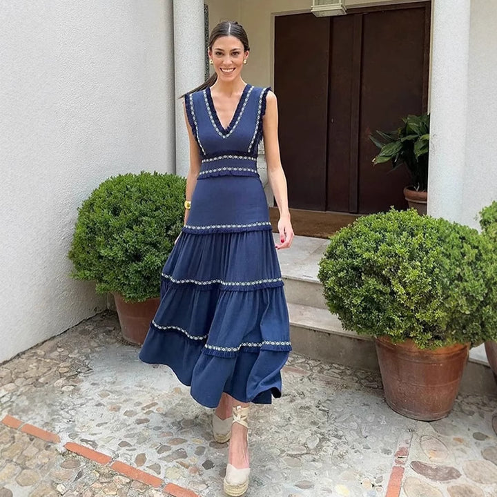 Maxi dress women with an elegant V neckline and ruffle details Lune London