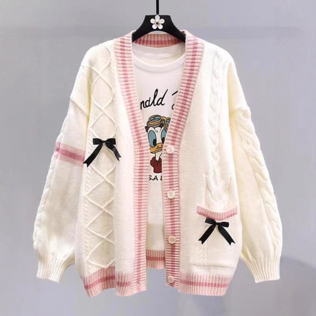 Cardigan tricoté à la mode pour femmes avec motif en couture et nœuds décoratifs