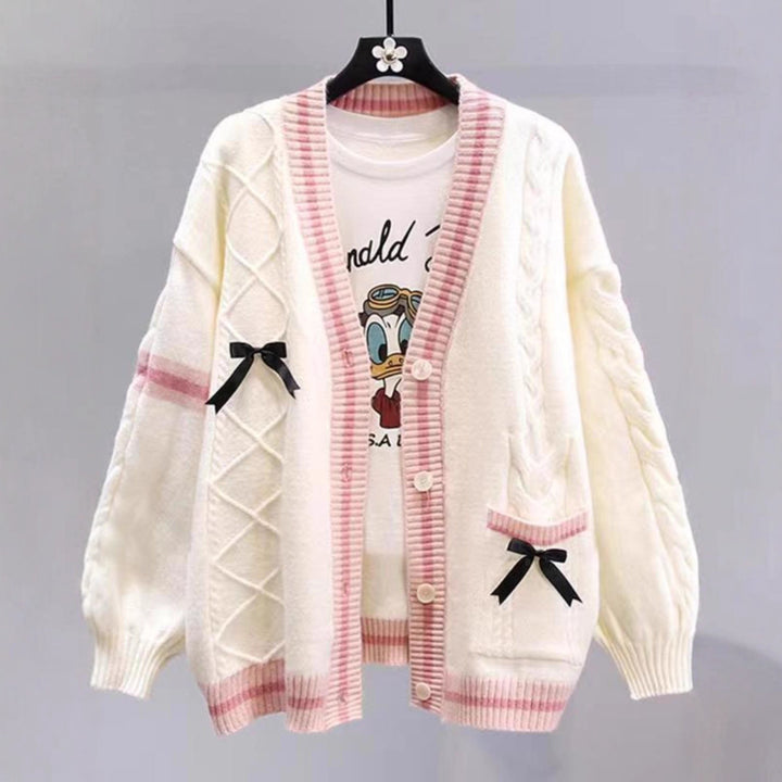 Cardigan tricoté à la mode pour femmes avec motif en couture et nœuds décoratifs