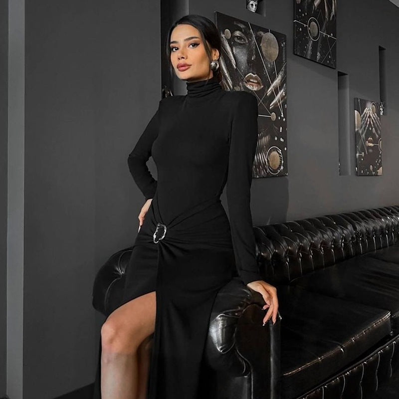 Fitted dress for women with turtleneck and draping Lune London