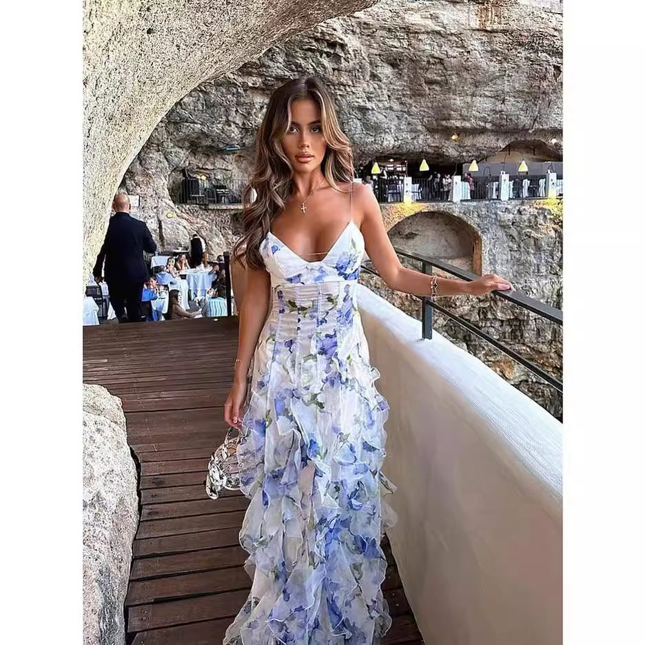 Women’s maxi dress with floral ruffles and flowing hem